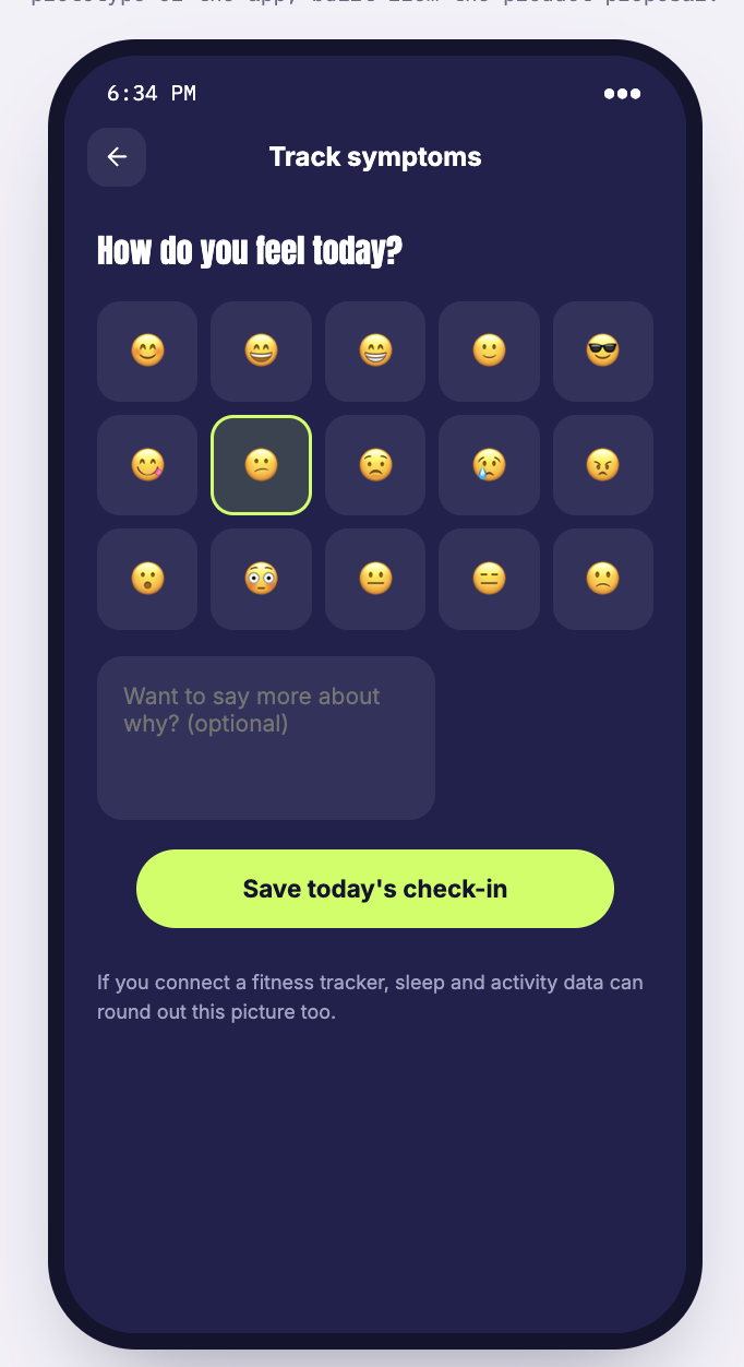 A symptom check-in screen asking how the athlete feels today, with a grid of emoji options.